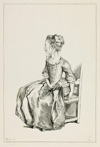 Petite fille assise, le profil tourné à gauche, un bras pendant sur le bois d'un fauteuil