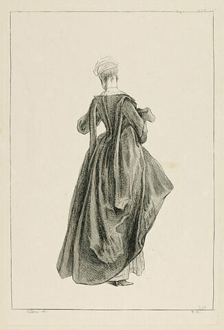 Femme en pied, vue de dos, tenant sous le bras sa jupe relevée, image 1/1