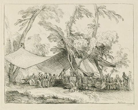 Soldats et femmes attablés sous une grande tente