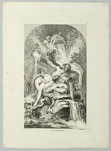 Recueil de fontaines :  Naïade et triton soutenant une vasque, triton soufflant dans une conque et deus Amours, image 1/1