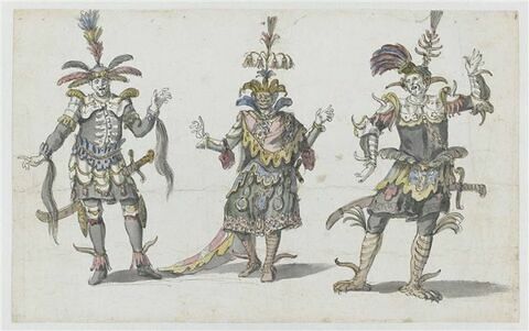 Costumes d'armures grotesques pour Arlequin et deux acolytes (Scaramouche à droite et le Capitan à gauche ?)