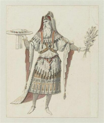Costume pour les assistants chantants du sacrifice, portant un rameau et un plateau d'offrandes, image 1/1