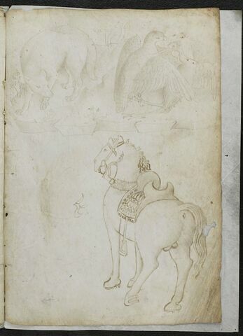 Renard, aigle terrassant un héron ; cheval harnaché (d'une autre main)