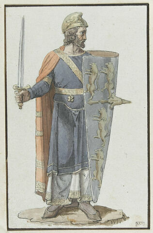 Templier en armes, debout, la tête de profil à droite, tenant une épée dans la main droite, image 1/1