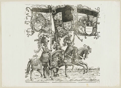 Le triomphe de Maximilien : cinquante-septième planche. Trois chevaliers avec les bannières aux blasons de la Styrie, de l'ancienne Autriche et de l'Autriche