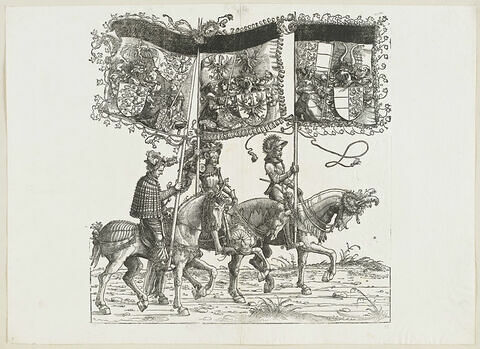 Le triomphe de Maximilien : cinquante-huitième planche.Trois chevaliers avec les bannières aux blasons de la Souabe, de la Carniole et de la Carinthie