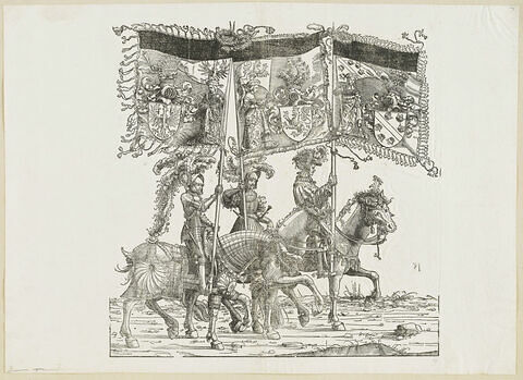 Le triomphe de Maximilien : cinquante-neuvième planche.Trois chevaliers avec les bannières aux blasons du Tyrol, de Habsbourg et de l'Alsace, image 1/1