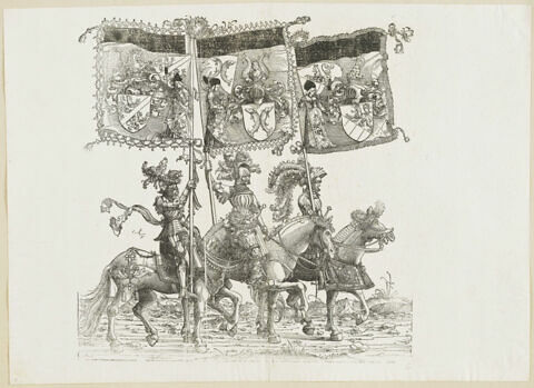 Le triomphe de Maximilien: soixantième planche. Trois chevaliers avec les bannières aux blasons de Kybourg, de Ferrette et de Goritz, image 1/1