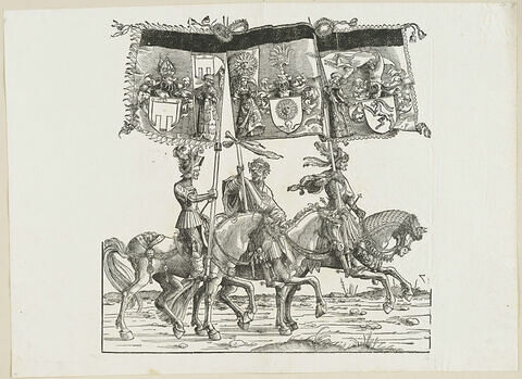 Le triomphe de Maximilien : soixante-troisième planche. Trois chevaliers avec les bannières aux blasons de Feldkirch, de Sunnenburg et de Glaris, image 1/1