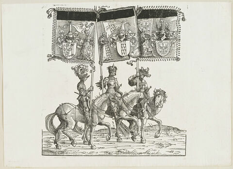 Le triomphe de Maximilien : soixante-cinquième planche. Trois chevaliers avec les bannières aux blasons de Saulgau, de Bregenz et de Fribourg