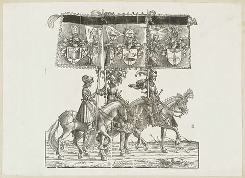 Le triomphe de Maximilien : soixante-huitième planche. Trois chevaliers avec les bannières aux blasons de Pordenone, de Windischmarkt et de Trieste
