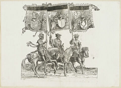 Le triomphe de Maximilien : soixante-neuvième planche. Trois chevaliers avec les bannières aux blasons de Thurgovie, de Razins et de Triberg