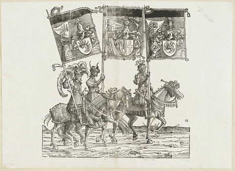 Le triomphe de Maximilien : soixante-dixième planche. Trois chevaliers avec les bannières aux blasons de Libein, Acht Gericht et de Reineck