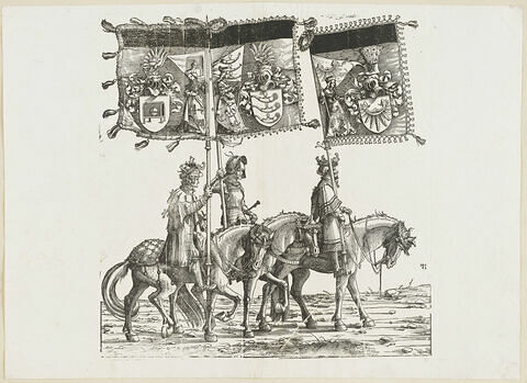 Le triomphe de Maximilien : soixante-et-onzième planche. Trois chevaliers avec les bannières aux blasons de Hohenstauff, de Weissenhorn et d'Ehrenberg, image 1/1