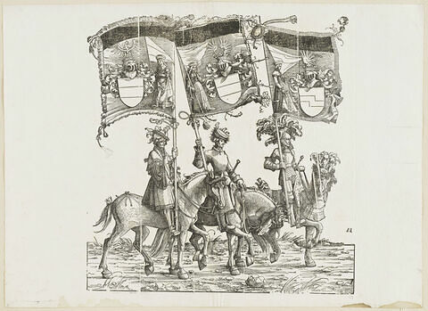 Le triomphe de Maximilien : soixante-treizième planche. Trois chevaliers avec les bannières aux blasons de Unterwaldsee, Oberwaldsee et de Duino, image 1/1
