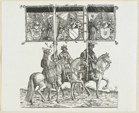 Le triomphe de Maximilien. Quatre-vingt-quatrième planche. Trois porteurs de bannières à cheval avec les armes d'Anvers, de Salins et de Malines, image 1/1