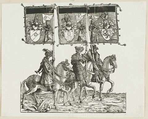 Le triomphe de Maximilien. Quatre-vingt-cinquième planche. Trois porteurs de bannières à cheval avec les armes de l'Auxerrois, du Mâconnais et de Charleroi