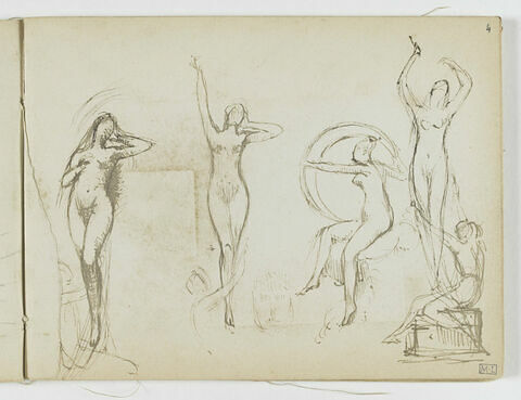 Quatre croquis de figures nues dont une tenant un croissant de lune ; les trois autres sont des variations pour un même groupe de femme aux pieds d'une femme debout, bras tendus ou pliés, image 1/2