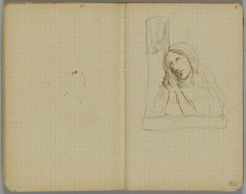 Femme en buste, bras repliés sous le menton, priant près d'un pilier, image 1/1