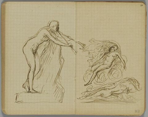 Femme nue debout sur un rocher, penchée en avant, soufflant dans deux trompettes (l'extrémité de l'une d'elles est dessinée sur le folio 22 recto)