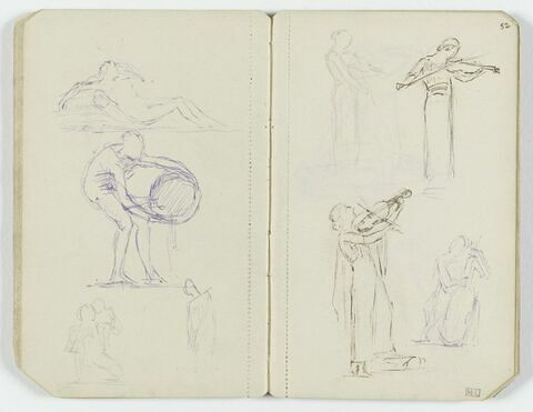 Quatre croquis de musiciennes, drapées, dont trois jouant du violon, image 1/1