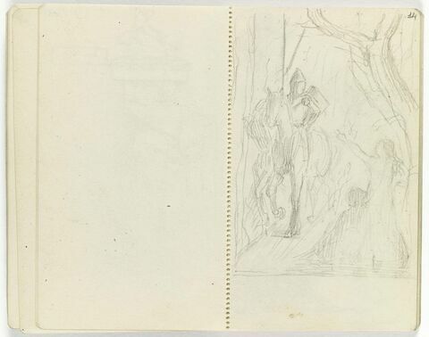 Chevalier en armure du Moyen-Age et deux silhouettes près d'un arbre dont une femme debout, tendant les bras. Traits d'encadrement
