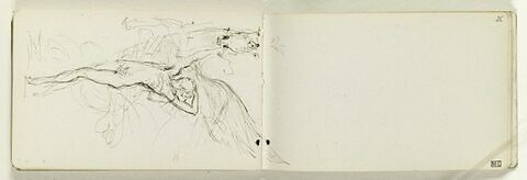 Figure nue, debout sur la pointe des pieds, tenant par le mors un cheval ailé, cabré, de face (Alexandre et Bucéphale ?). La pointe de l'aile est dessiné sur le folio 26 recto, image 1/1