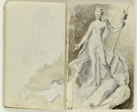 Projet de sculpture avec une femme nue, debout sur une grande coquille, tenant une rame de la main gauche, une figure soufflant dans une trompette à gauche et une figure à droite soutenant la coquille (le dessin se poursuit sur le folio 5 recto)