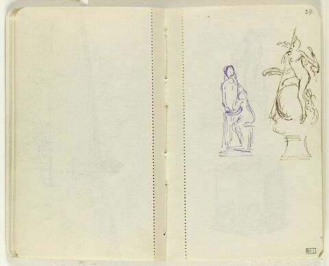 Deux petits croquis à gauche ; deux figures dont l'une debout, l'autre assise près d'elle ; à droite, figure féminine nue sur une sphère, tenant une lance et une corne d'abondance