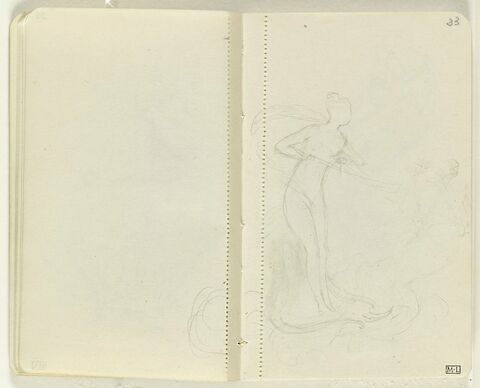 Figure féminine debout sur une nacelle tirée par un cheval, de profil à droite (l'arrière de la nacelle est dessiné sur ce folio)