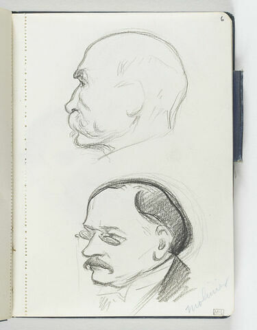En haut, tête d'homme avec grosse moustache, presque chauve. En bas, tête d'homme de trois quarts à gauche, avec petites lunettes et moustache, image 1/1
