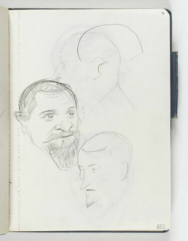 Au centre, tête d'homme, barbu, de trois quarts à droite, avec moustache et deux légers croquis de têtes d'homme, de trois quarts et de profil vers la gauche