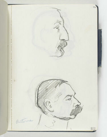 En haut, croquis inachevé d'une tête d'homme au nez busqué, petite moustache, de profil à droite. En bas, tête d'homme moustachu, de profil à droite, avec un col officier