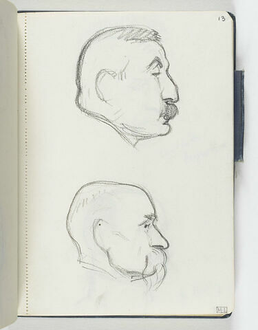 En haut, tête d'homme moustachu, de profil à droite. En bas, tête d'homme, chauve, avec moustache pendante, de profil à droite