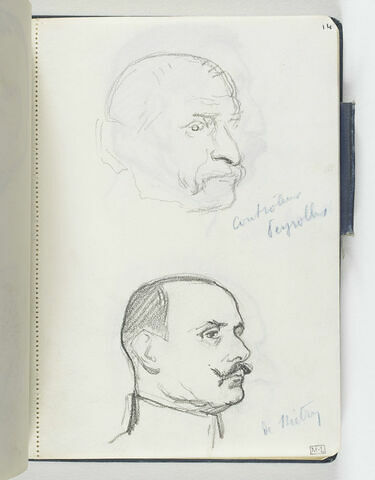 En haut, croquis inachevé d'une tête d'homme chauve, avec moustache, de trois quarts à droite. En bas, tête d'homme avec petite moustache, de trois quarts à droite