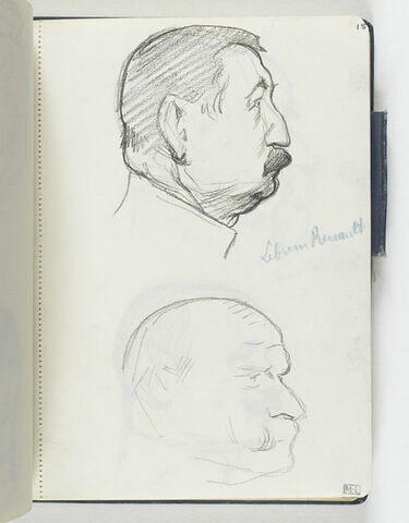 En haut, tête d'homme moustachu, de profil à droite. En bas, croquis inachevé d'une tête d'homme moustachu, de trois quarts à droite, image 1/1
