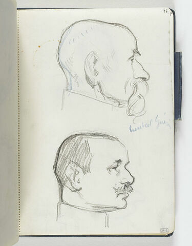 En haut, tête d'homme chauve, moustache pendante, de profil à droite. En bas, tête d'homme moustachu, de trois quarts à droite