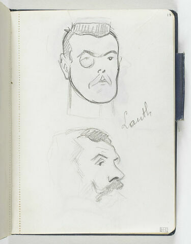 En haut, tête d'homme, moustachu, avec monocle. En bas, croquis inachevé d'une tête d'homme moustachu, de trois quarts, à droite