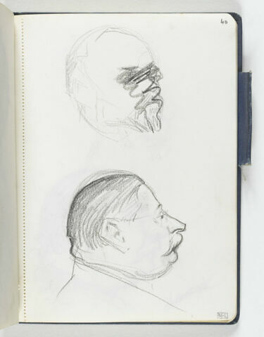 En haut, croquis barré d'une tête d'homme barbu de trois quarts droite. En bas, tête d'homme joufflu, moustachu, avec petites lunettes, de profil à droite