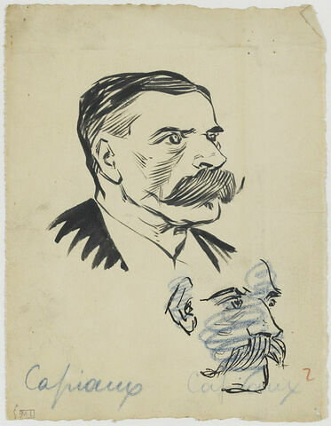 Tête d'homme avec une grosse moustache, de trois quarts à droite. Au-dessous, reprise de la même, barrée au crayon bleu