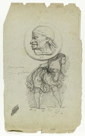 Feuille d'études avec un médaillon orné d'une tête d'homme coiffé d'un foulard. Au dessous, danseuse espagnole, image 1/1