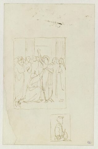 Feuille d'études : au centre, le Christ et Saint Thomas, dans un encadrement à la plume ; en bas, artiste tenant une palette et pinceaux, dans un encadrement