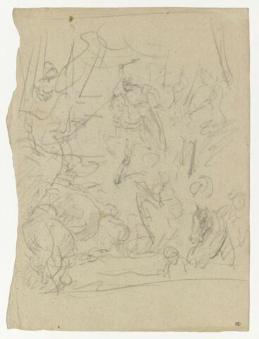 Projet pour une composition avec un cavalier couronné, avançant au galop parmi divers personnages, image 1/1