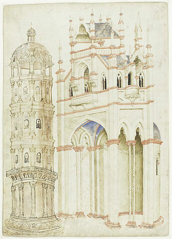 Architecture gothique et tour ornée de pilastres