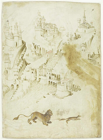 Paysage panoramique avec forteresses dominant un fleuve, et lion poursuivant un renard