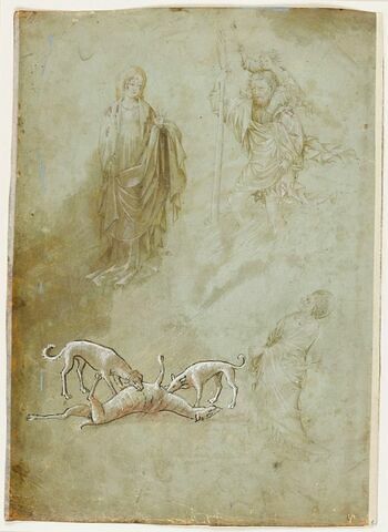 Sainte debout, saint Christophe et saint Jean, groupe des deux chiens attaquant un cervidé