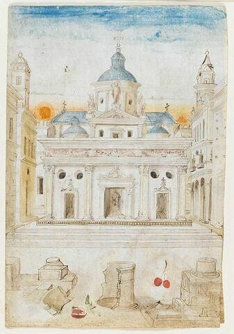 Façade d'une église Renaissance avec, au premier plan, des ruines antiques et des fruits, image 1/2