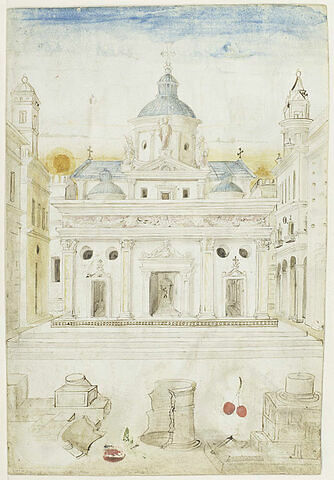 Façade d'une église Renaissance avec, au premier plan, des ruines antiques et des fruits, image 2/2
