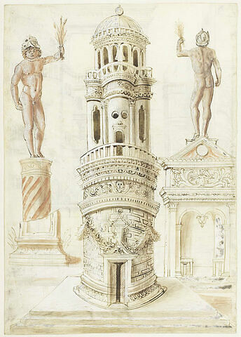 Tour à plan circulaire encadrée de deux statues de Mercure sur des soubassements monumentaux, image 1/1