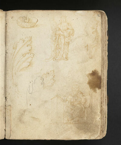 Nautile ; sainte Catherine d'Alexandrie ; crâne de cheval ; trois études de feuille d'acanthe ; saint barbu, assis, image 1/1